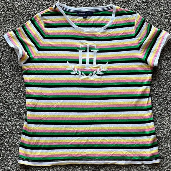 Tommy Hilfiger Tops - Tommy Hilfiger TShirt Women Large Multicolor Striped Cotton S Sleeve Preppy Top